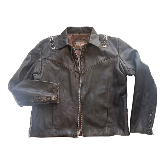 Vtg. Men's Leather Gallery Western Native Boho Lace-up Jacket Brown Beaded Rare - Picture 9 of 15